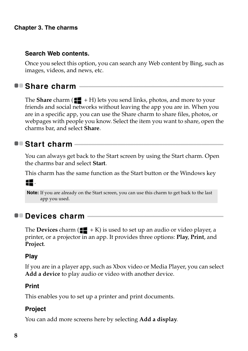 Share charm, Start charm, Devices charm | Share charm start charm devices charm | Lenovo IdeaPad Z500 Notebook User Manual | Page 12 / 22