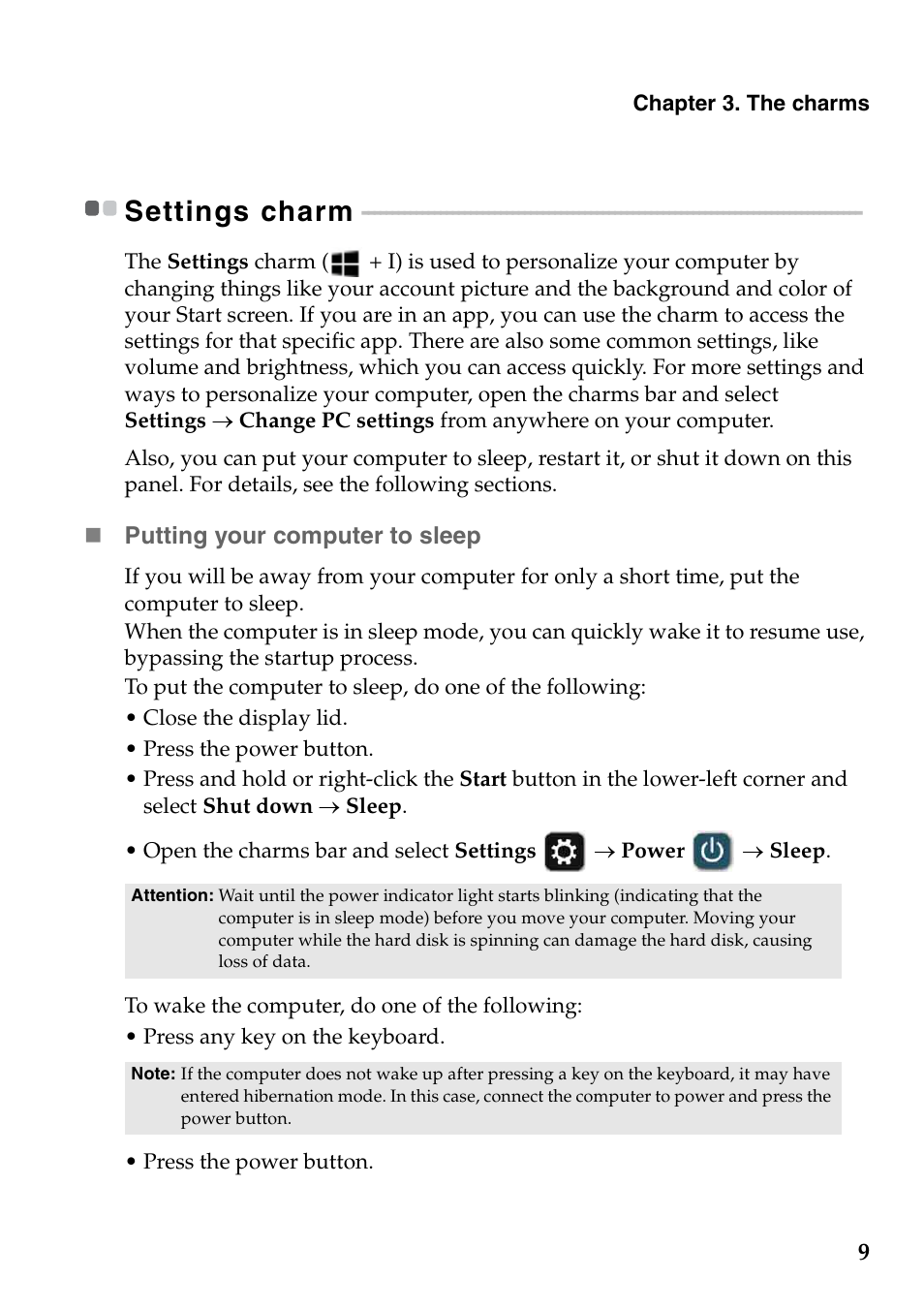 Settings charm | Lenovo IdeaPad Z500 Notebook User Manual | Page 13 / 22