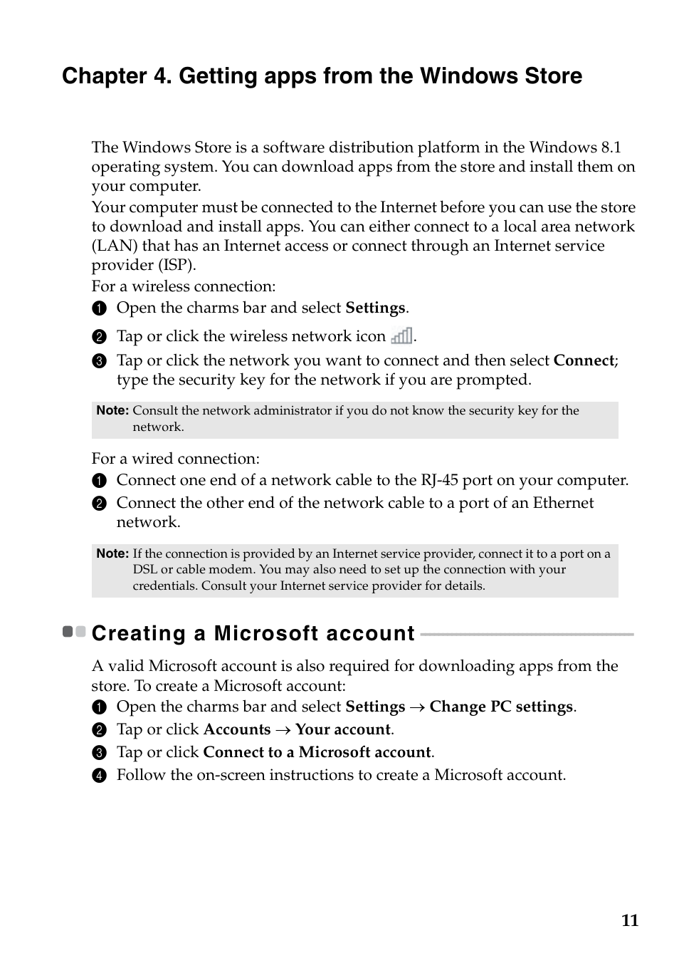 Chapter 4. getting apps from the windows store, Creating a microsoft account | Lenovo IdeaPad Z500 Notebook User Manual | Page 15 / 22