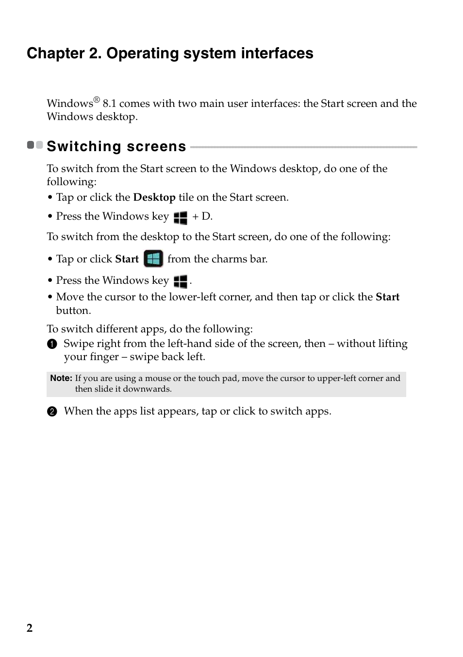 Chapter 2. operating system interfaces, Switching screens | Lenovo IdeaPad Z500 Notebook User Manual | Page 6 / 22