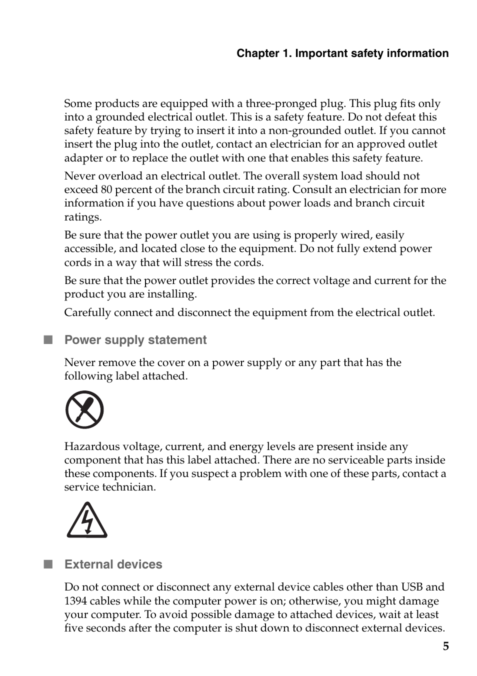Power supply statement, External devices, Power supply statement external devices | Lenovo Safety and General Information Guide User Manual | Page 10 / 49