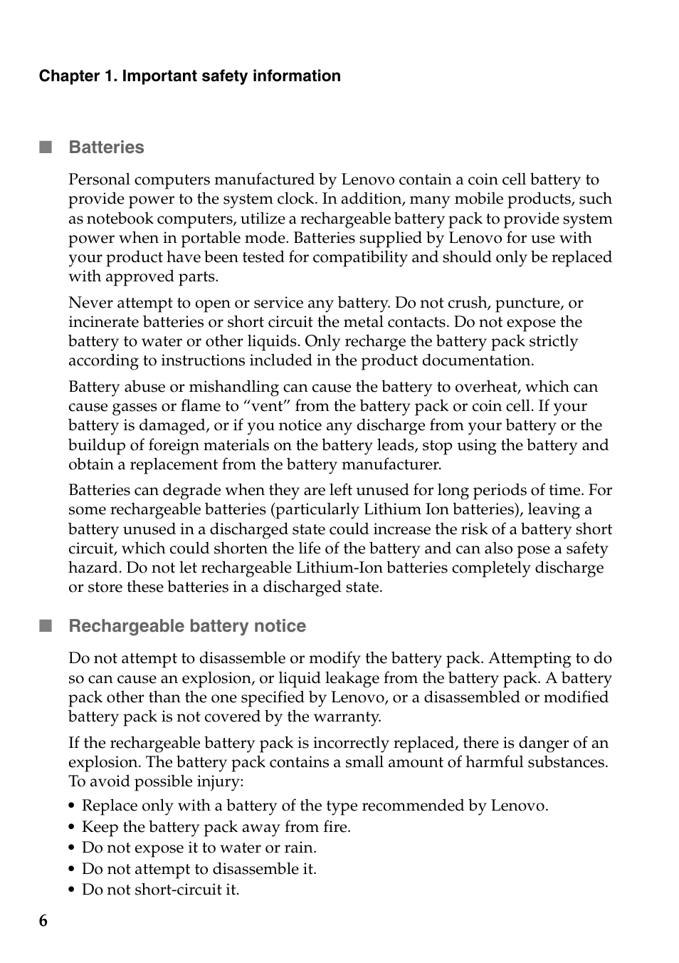 Batteries, Rechargeable battery notice, Batteries rechargeable battery notice | Lenovo Safety and General Information Guide User Manual | Page 11 / 49
