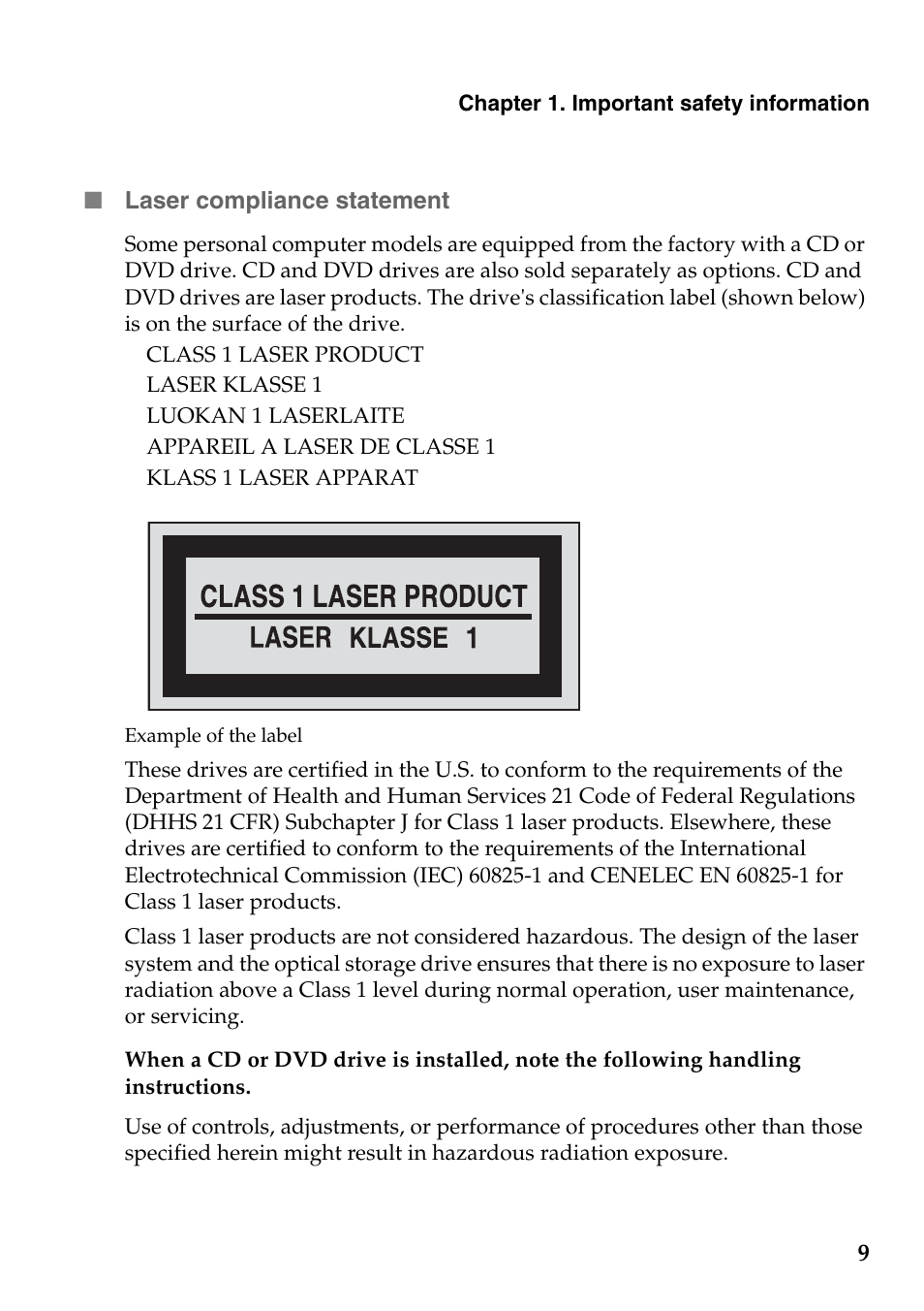 Laser compliance statement | Lenovo Safety and General Information Guide User Manual | Page 14 / 49