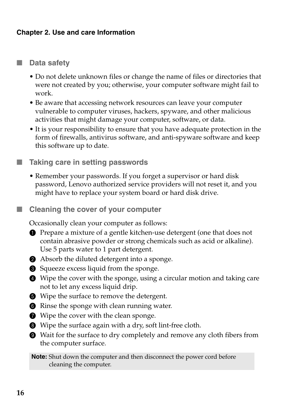 Data safety, Taking care in setting passwords, Cleaning the cover of your computer | Lenovo Safety and General Information Guide User Manual | Page 21 / 49