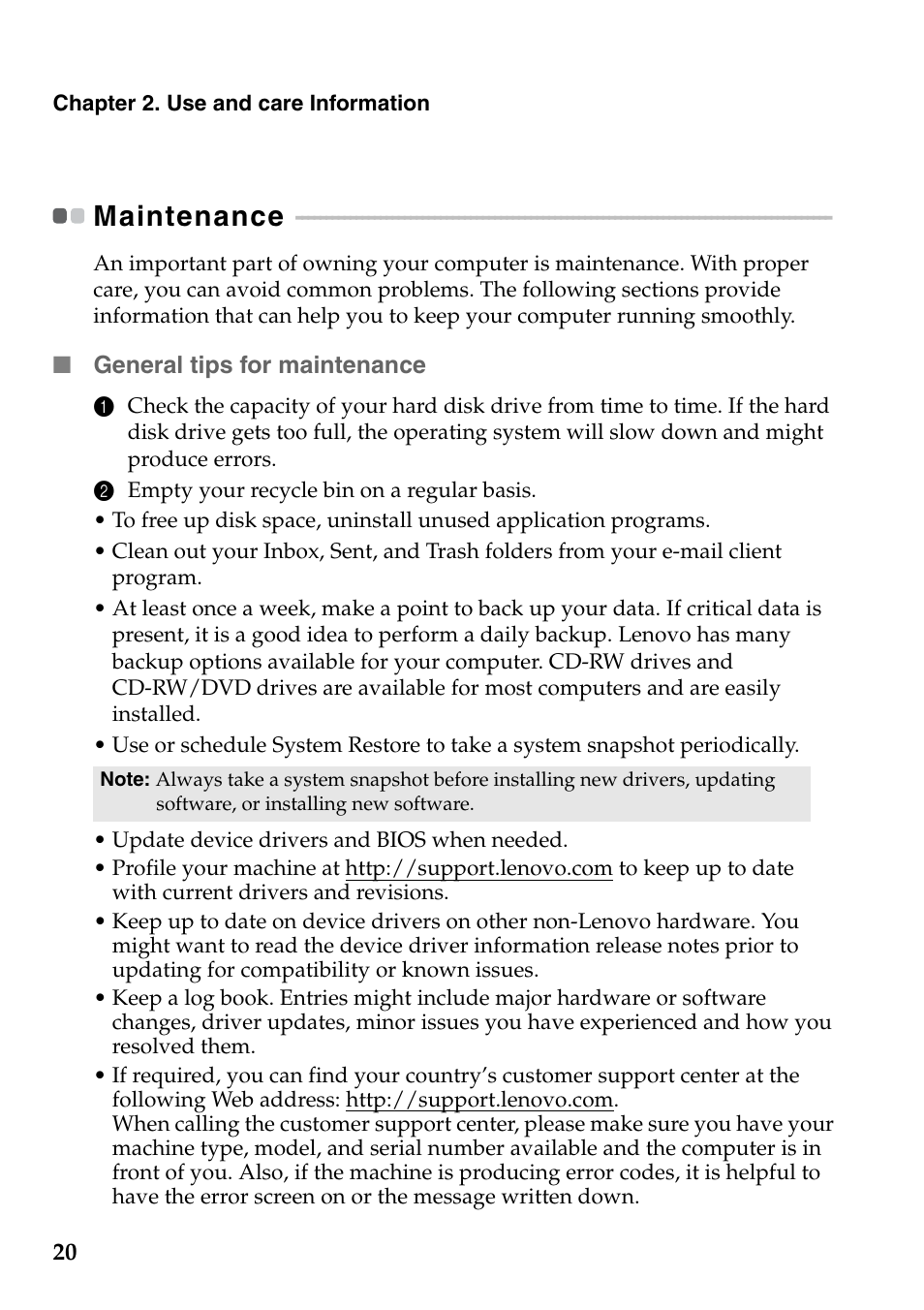 Maintenance, General tips for maintenance | Lenovo Safety and General Information Guide User Manual | Page 25 / 49