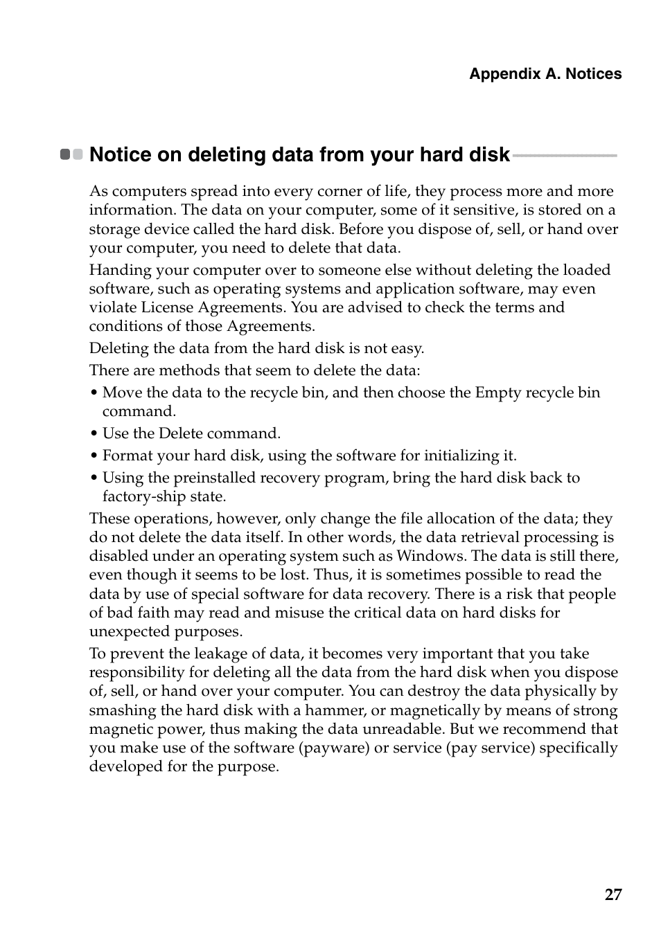 Notice on deleting data from your hard disk | Lenovo Safety and General Information Guide User Manual | Page 32 / 49