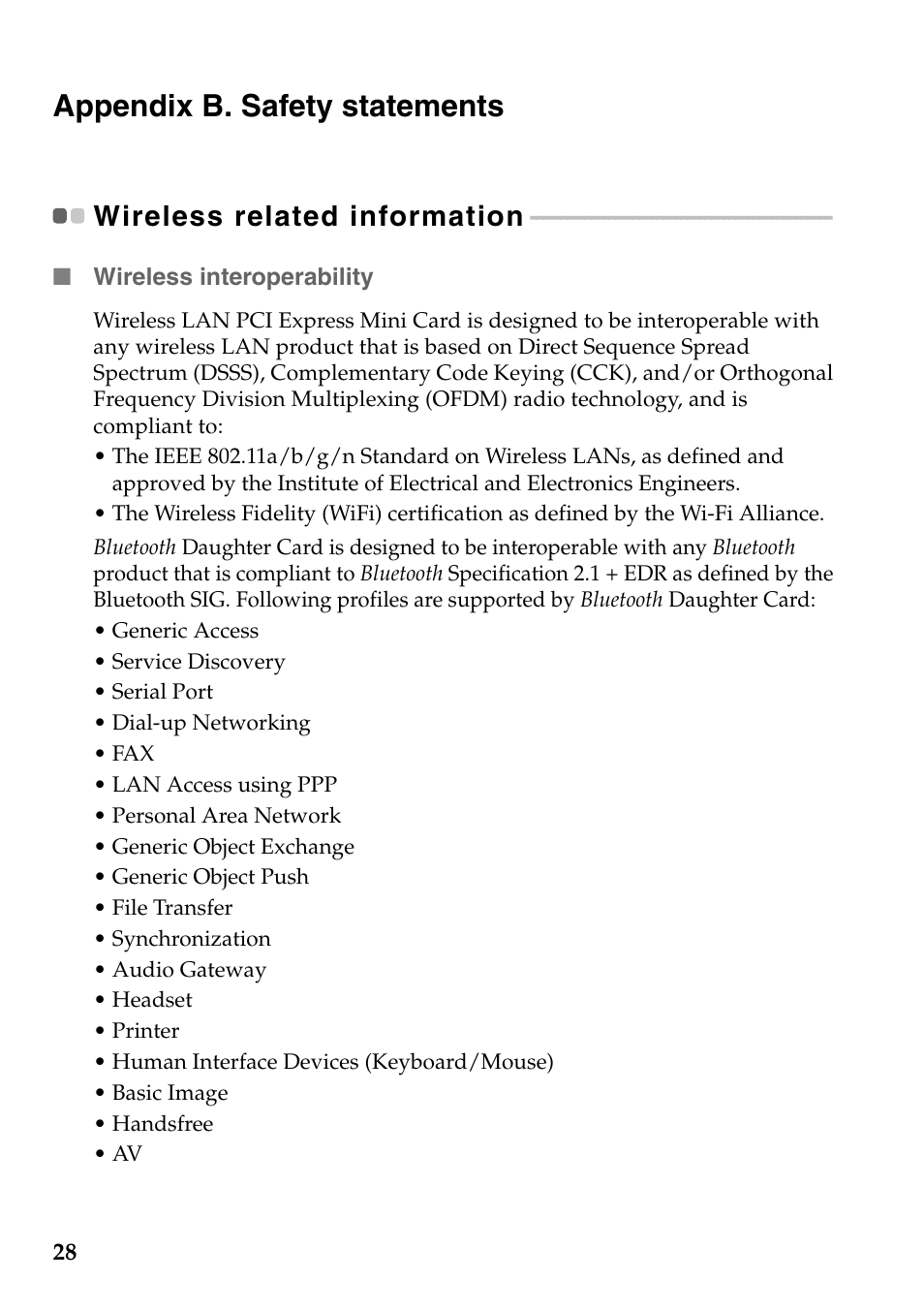 Appendix b. safety statements, Wireless related information, Wireless interoperability | Appendix b. safety, Statements | Lenovo Safety and General Information Guide User Manual | Page 33 / 49