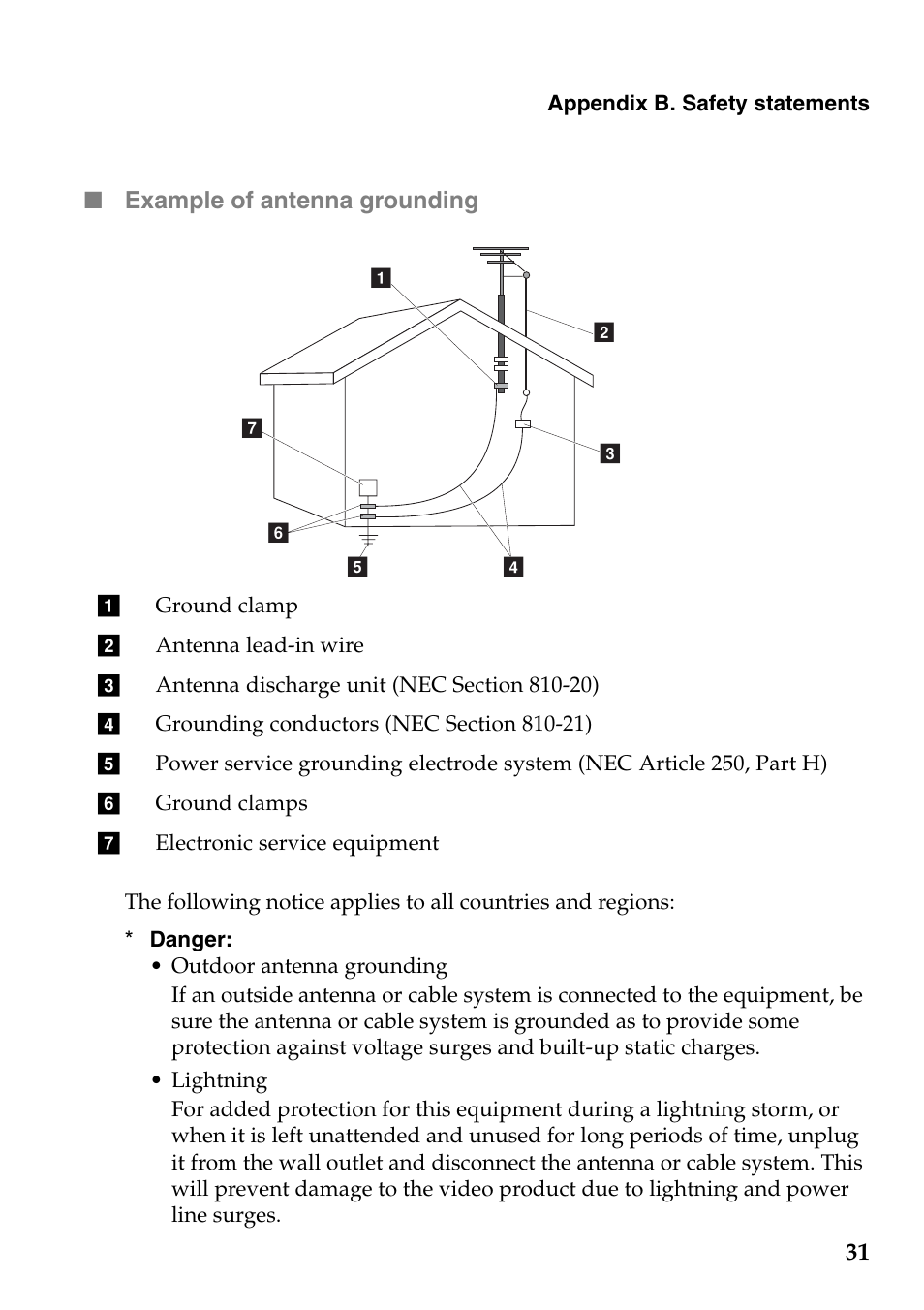 Example of antenna grounding | Lenovo Safety and General Information Guide User Manual | Page 36 / 49