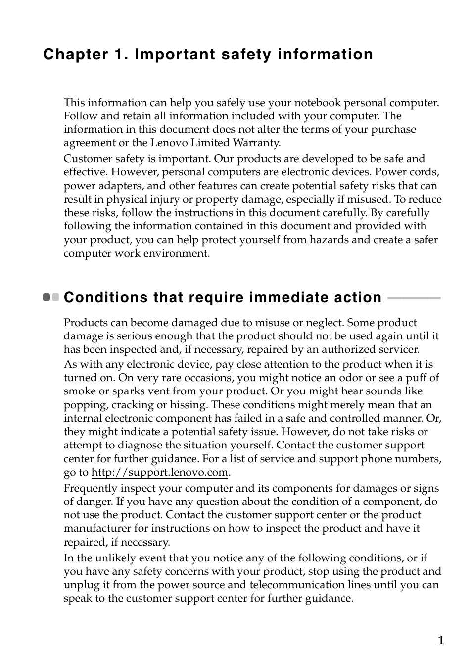 Chapter 1. important safety information, Conditions that require immediate action | Lenovo Safety and General Information Guide User Manual | Page 6 / 49