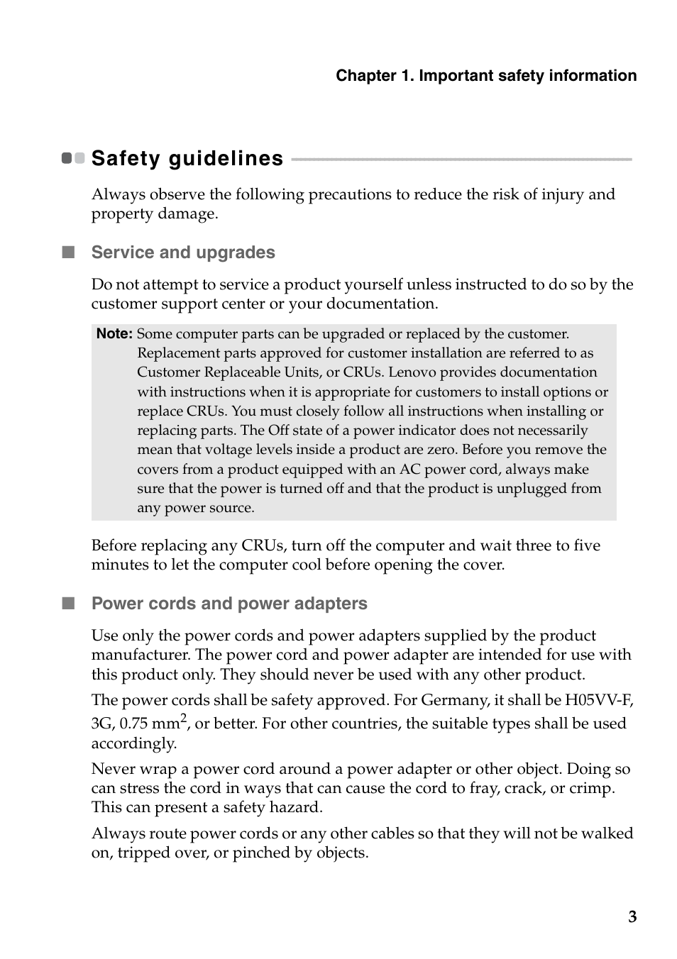 Safety guidelines, Service and upgrades, Power cords and power adapters | Lenovo Safety and General Information Guide User Manual | Page 8 / 49