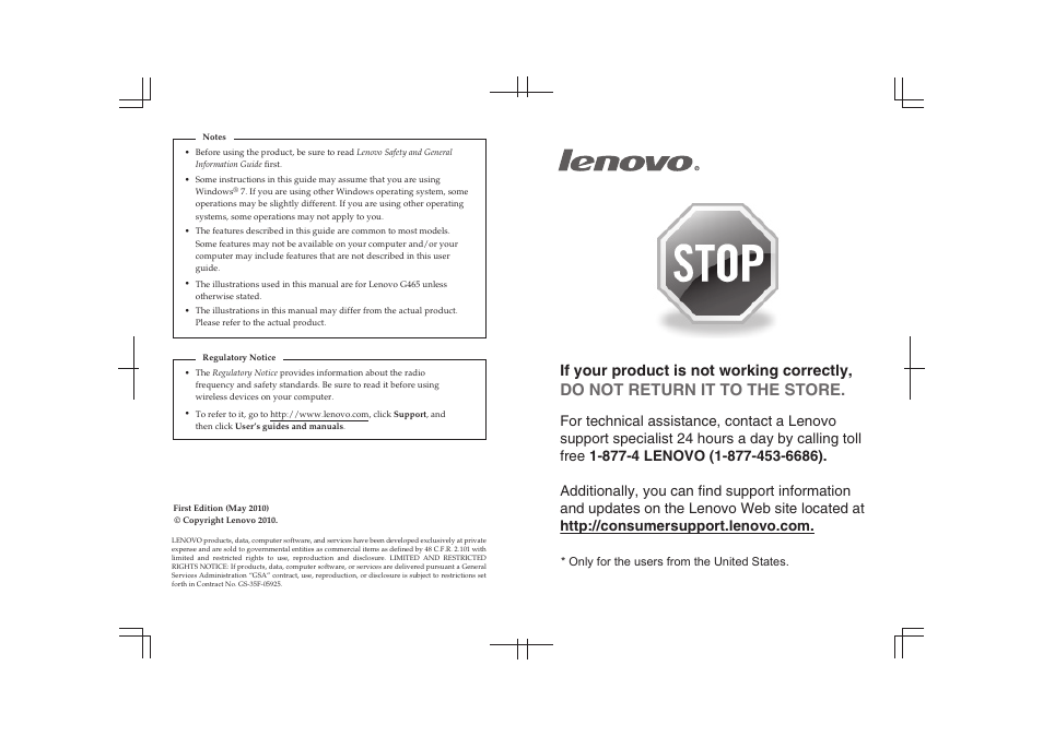 Do not return it to the store, If your product is not working correctly, Only for the users from the united states | Lenovo G465 Notebook User Manual | Page 2 / 70