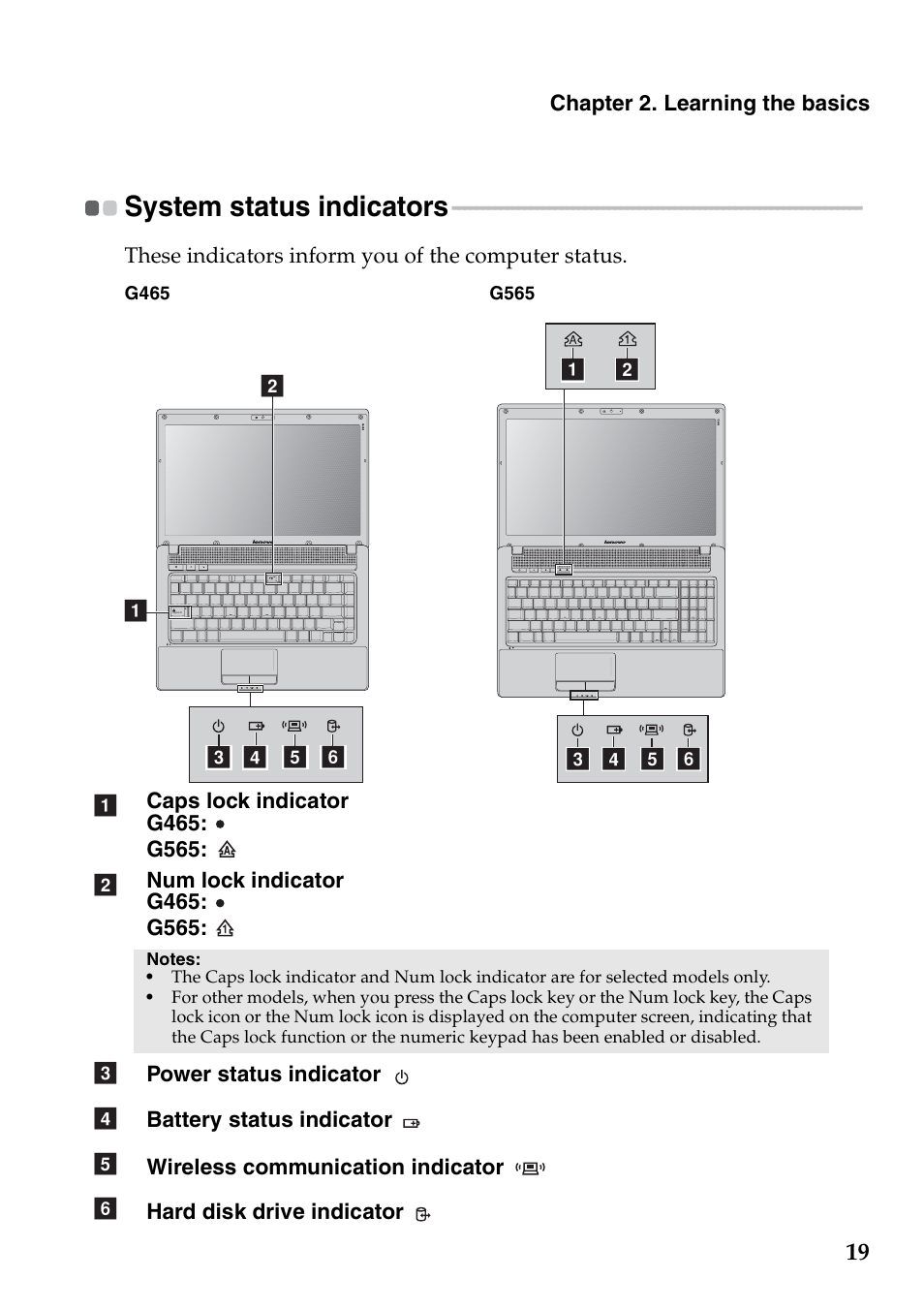 System status indicators | Lenovo G465 Notebook User Manual | Page 23 / 70