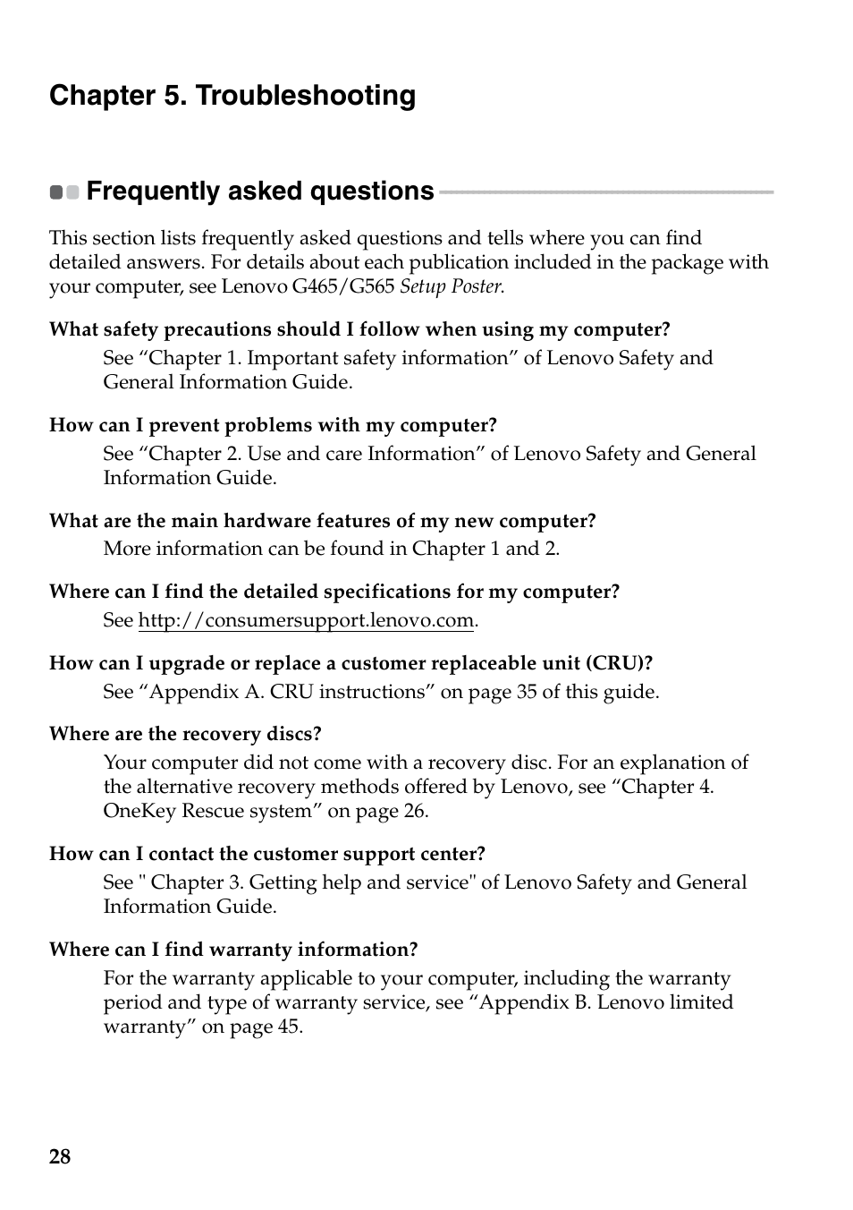 Chapter 5. troubleshooting, Frequently asked questions | Lenovo G465 Notebook User Manual | Page 32 / 70