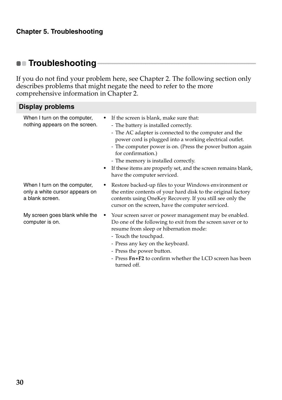 Troubleshooting | Lenovo G465 Notebook User Manual | Page 34 / 70