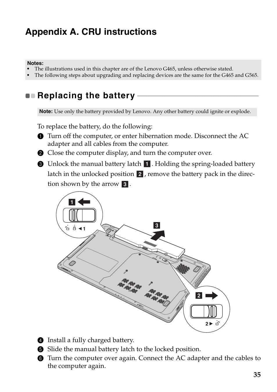 Appendix a. cru instructions, Replacing the battery | Lenovo G465 Notebook User Manual | Page 39 / 70