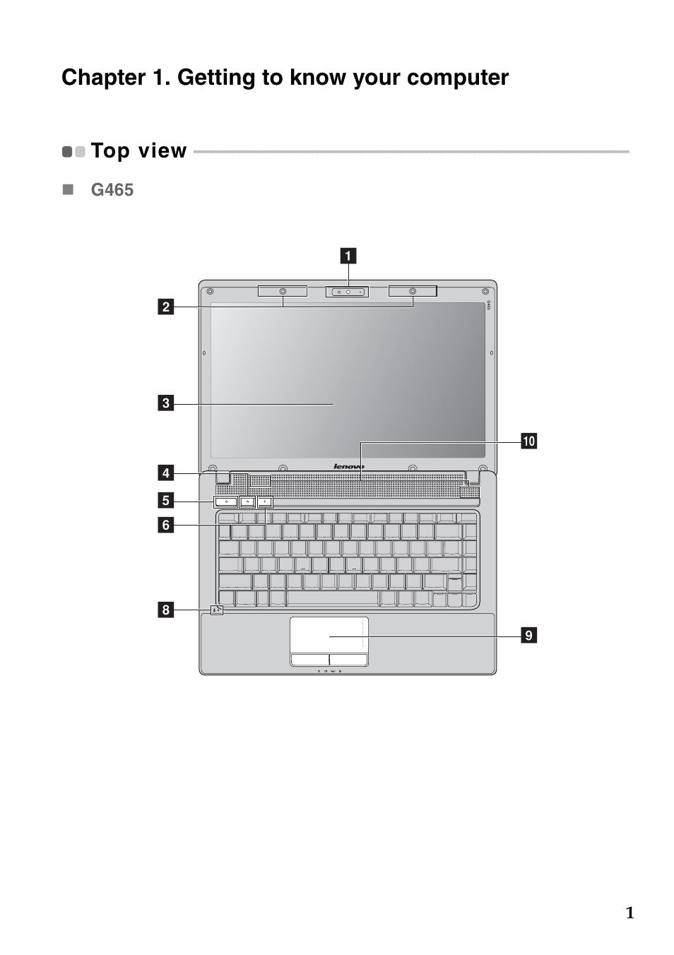 Chapter 1. getting to know your computer, Top view, G465 | Lenovo G465 Notebook User Manual | Page 5 / 70