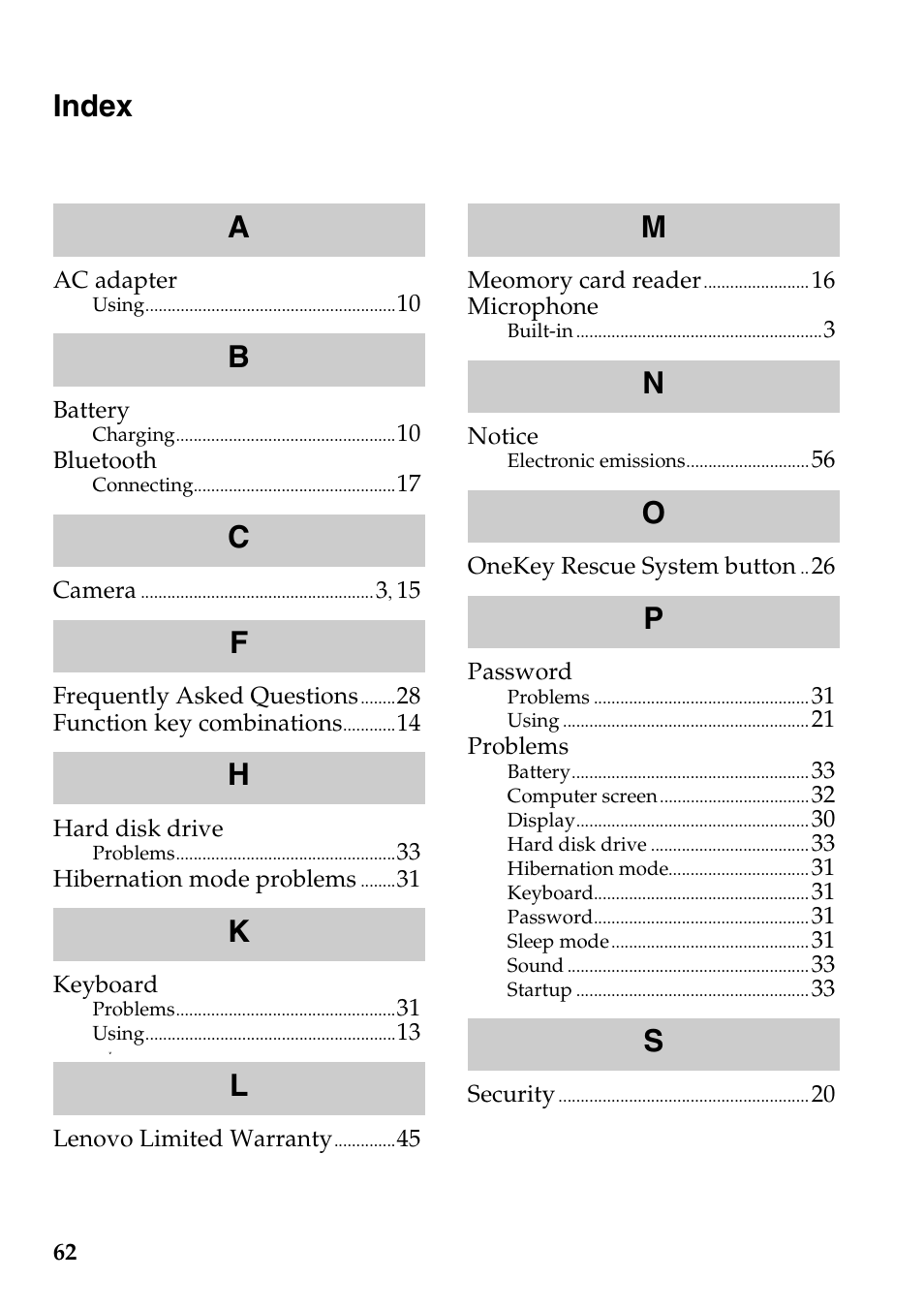 Index | Lenovo G465 Notebook User Manual | Page 66 / 70