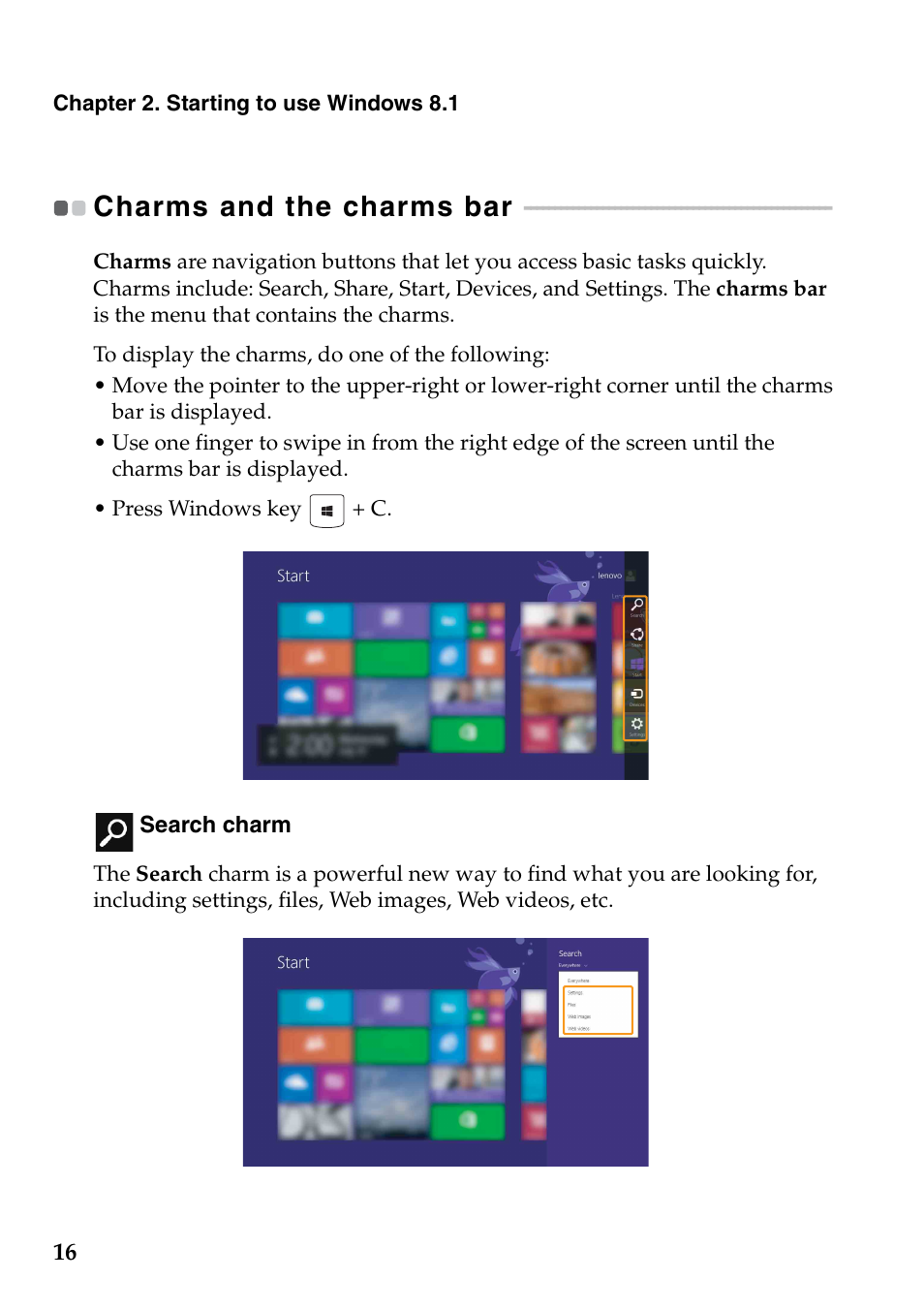 Charms and the charms bar | Lenovo Yoga 2 13 Notebook Lenovo User Manual | Page 20 / 38