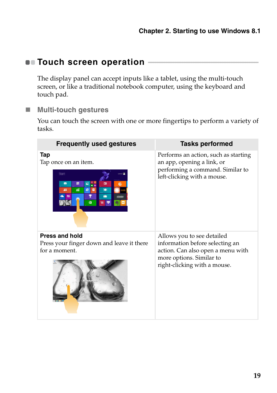 Touch screen operation | Lenovo Yoga 2 13 Notebook Lenovo User Manual | Page 23 / 38