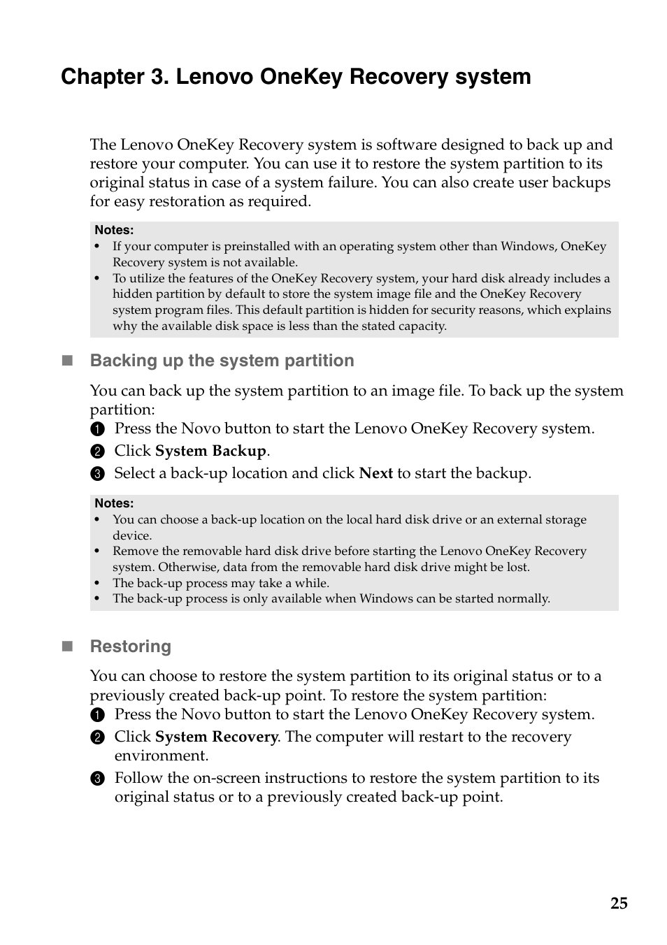 Chapter 3. lenovo onekey recovery system, Backing up the system partition, Restoring | Lenovo Yoga 2 13 Notebook Lenovo User Manual | Page 29 / 38