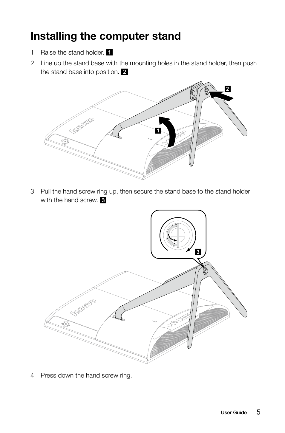 Installing the computer stand | Lenovo C540 Touch All-in-One User Manual | Page 10 / 61