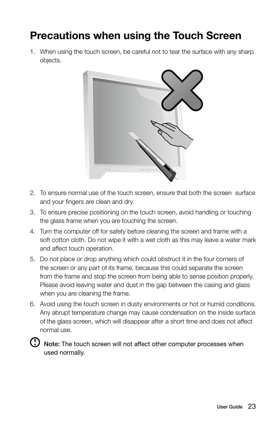 Precautions when using the touch screen | Lenovo C540 Touch All-in-One User Manual | Page 28 / 61