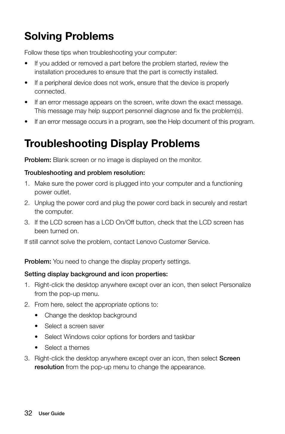 Troubleshooting display problems, Solving problems | Lenovo C540 Touch All-in-One User Manual | Page 37 / 61