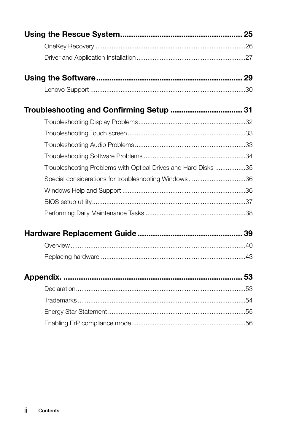 Using the rescue system, Using the software, Troubleshooting and confirming setup | Hardware replacement guide, Appendix | Lenovo C540 Touch All-in-One User Manual | Page 5 / 61