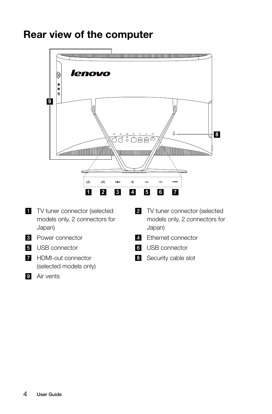 Rear view of the computer | Lenovo C540 Touch All-in-One User Manual | Page 9 / 61