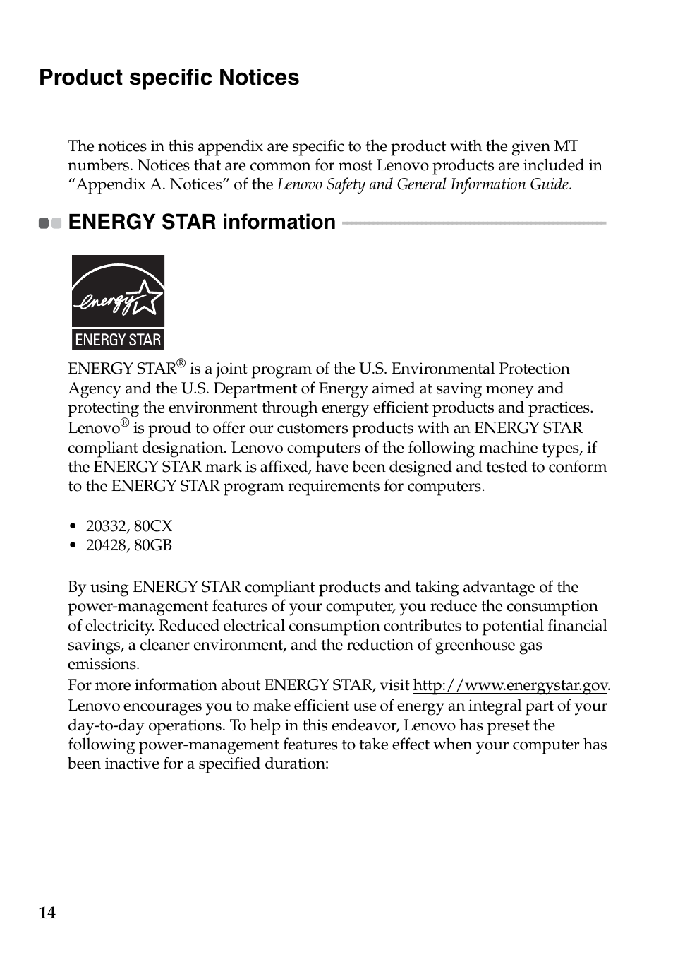 Product specific notices, Energy star information | Lenovo Yoga 2 11 Notebook Lenovo User Manual | Page 14 / 22