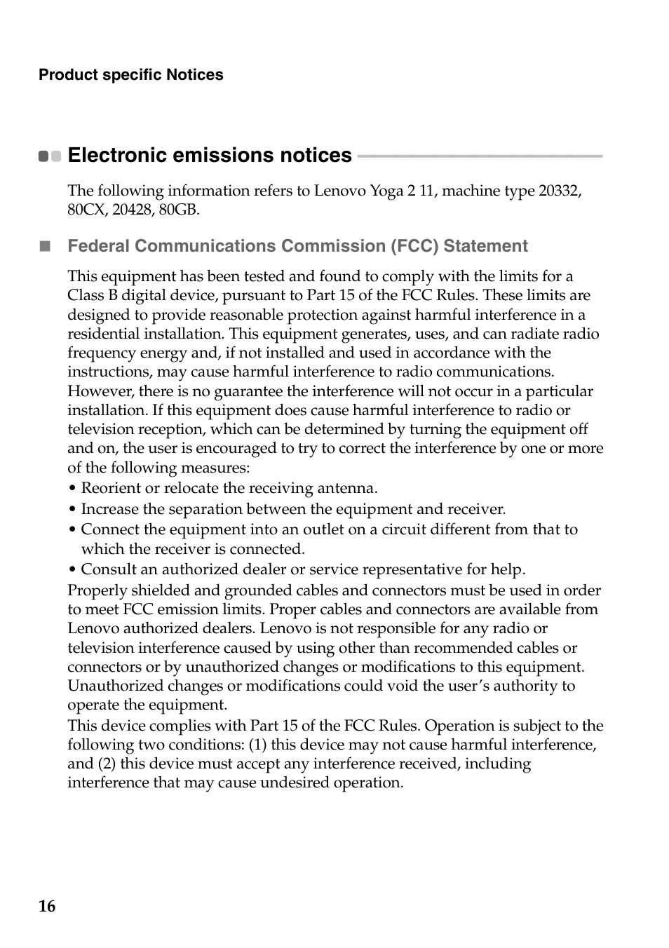 Electronic emissions notices | Lenovo Yoga 2 11 Notebook Lenovo User Manual | Page 16 / 22