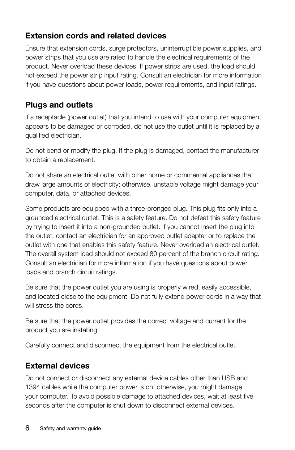 Extension cords and related devices, Plugs and outlets, External devices | Lenovo H530 Desktop User Manual | Page 11 / 47