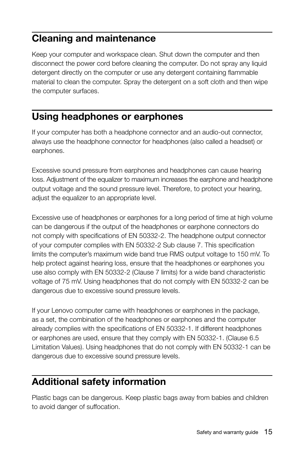 Cleaning and maintenance, Using headphones or earphones, Additional safety information | Lenovo H530 Desktop User Manual | Page 20 / 47