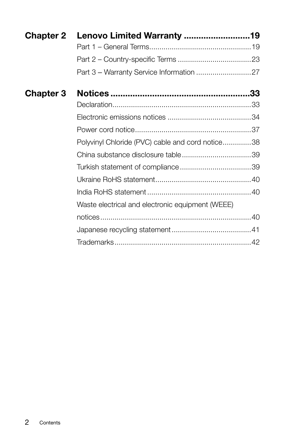 Chapter 2 lenovo limited warranty, Chapter 3 notices | Lenovo H530 Desktop User Manual | Page 5 / 47