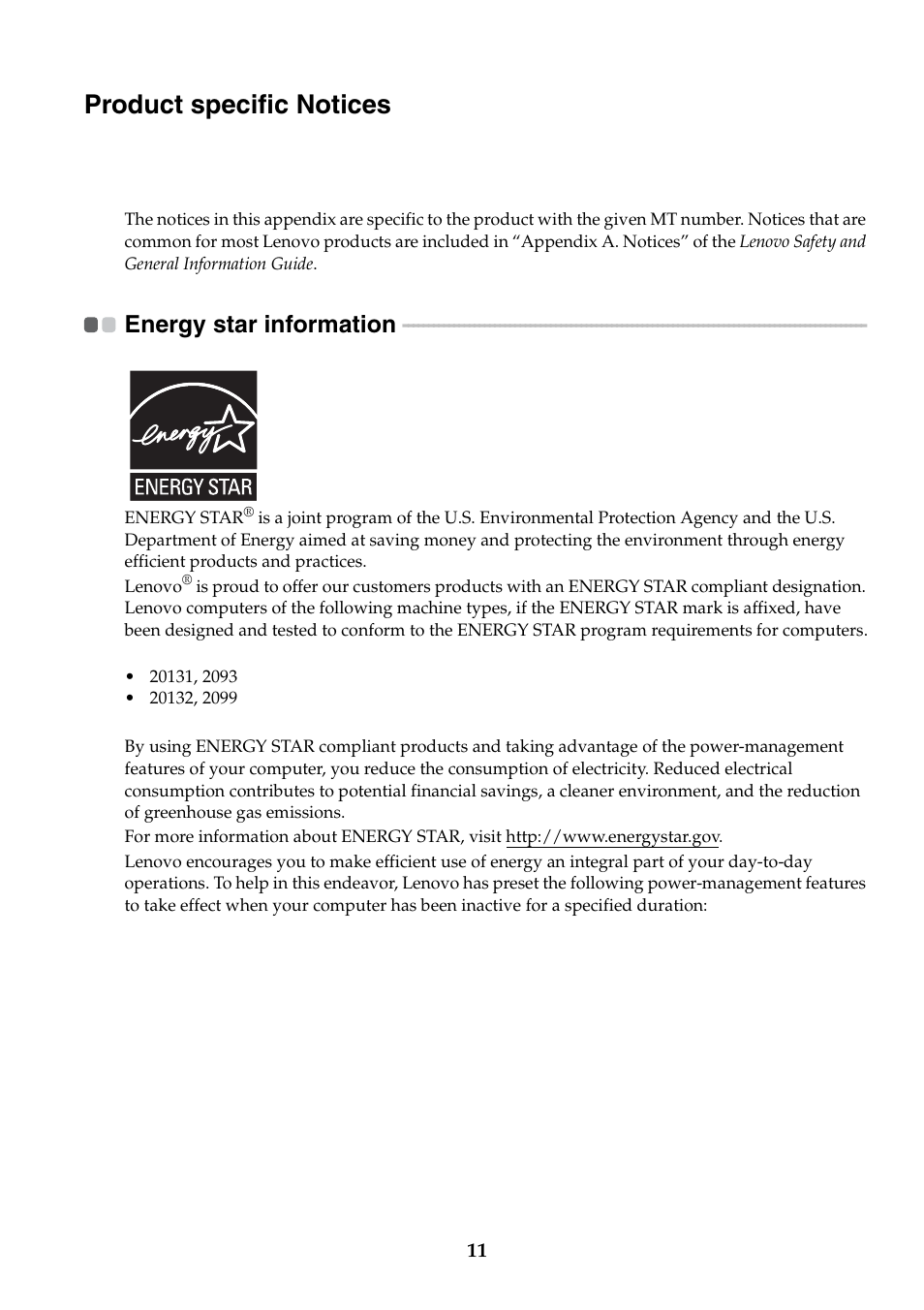 Product specific notices, Energy star information | Lenovo IdeaPad Y480 User Manual | Page 11 / 18