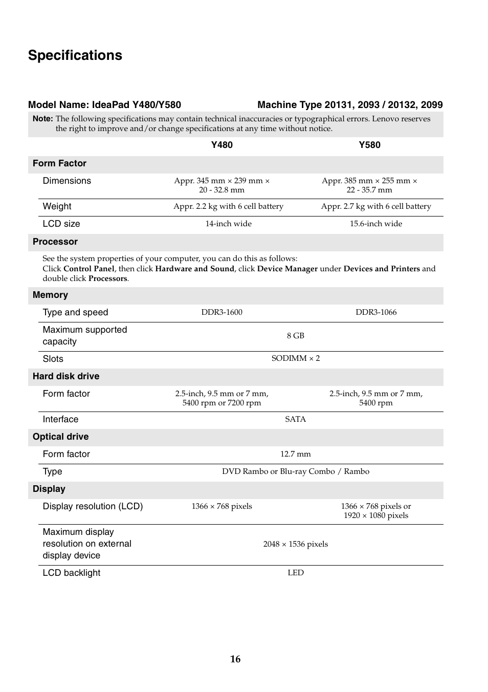 Specifications | Lenovo IdeaPad Y480 User Manual | Page 16 / 18