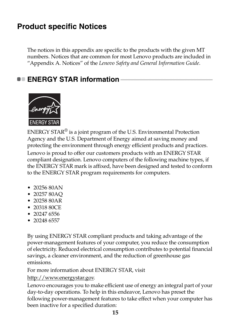 Product specific notices, Energy star information | Lenovo IdeaPad S210 Touch Notebook User Manual | Page 15 / 24