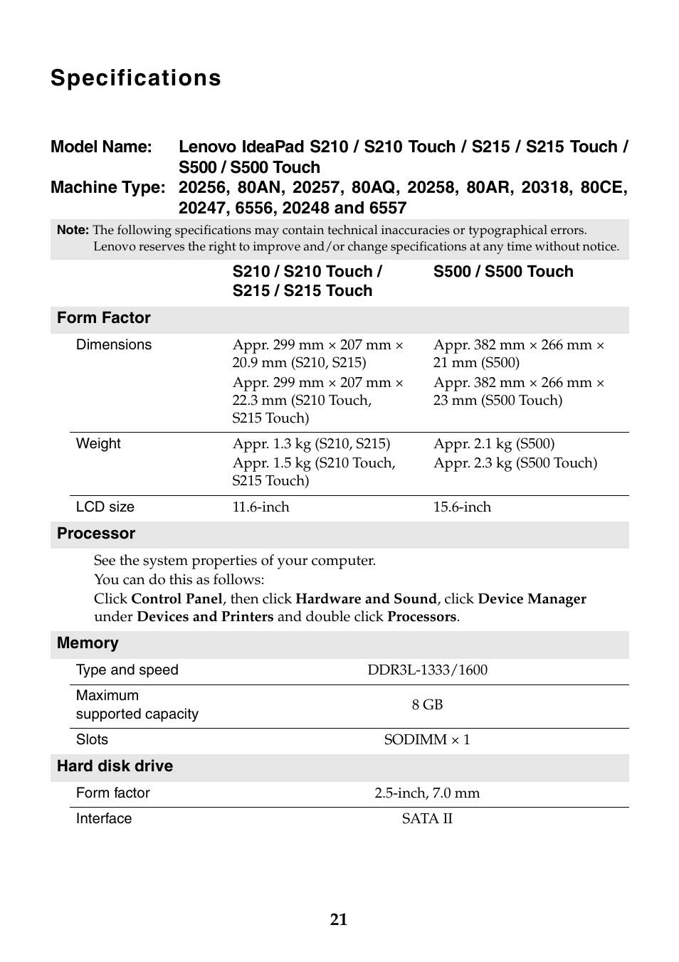 Specifications | Lenovo IdeaPad S210 Touch Notebook User Manual | Page 21 / 24