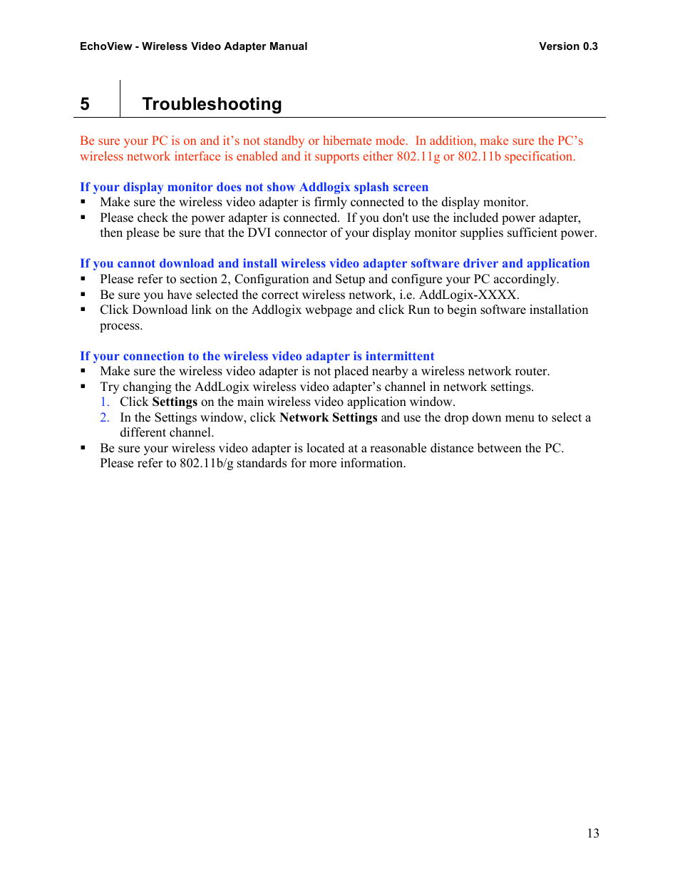 5troubleshooting | Addlogix EchoView - Wireless Video Adapter User Manual | Page 13 / 13