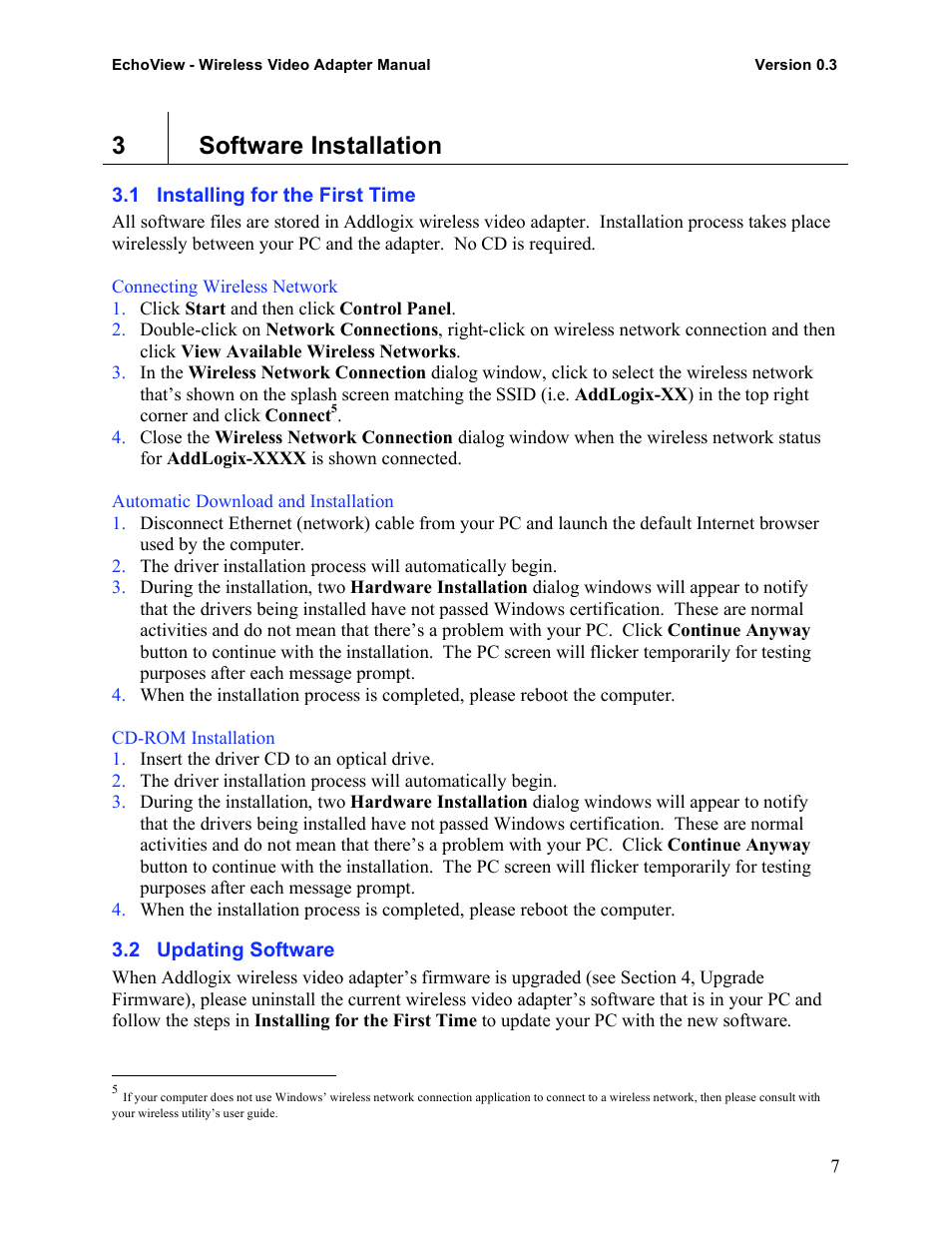 3software installation | Addlogix EchoView - Wireless Video Adapter User Manual | Page 7 / 13