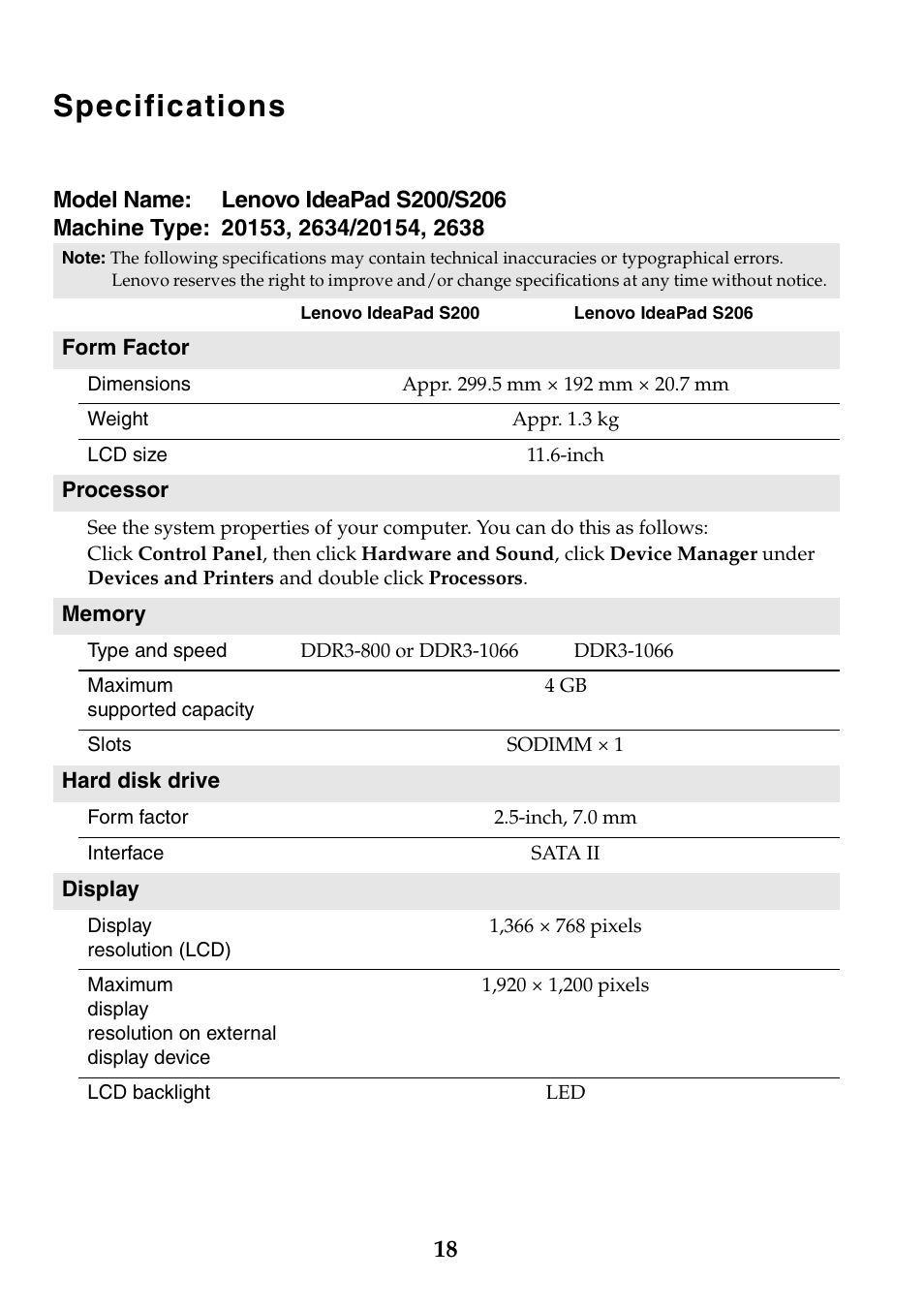 Specifications | Lenovo IdeaPad S200 User Manual | Page 18 / 20