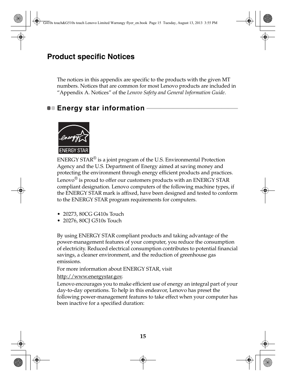 Product specific notices, Energy star information | Lenovo G510s Touch Notebook User Manual | Page 15 / 24