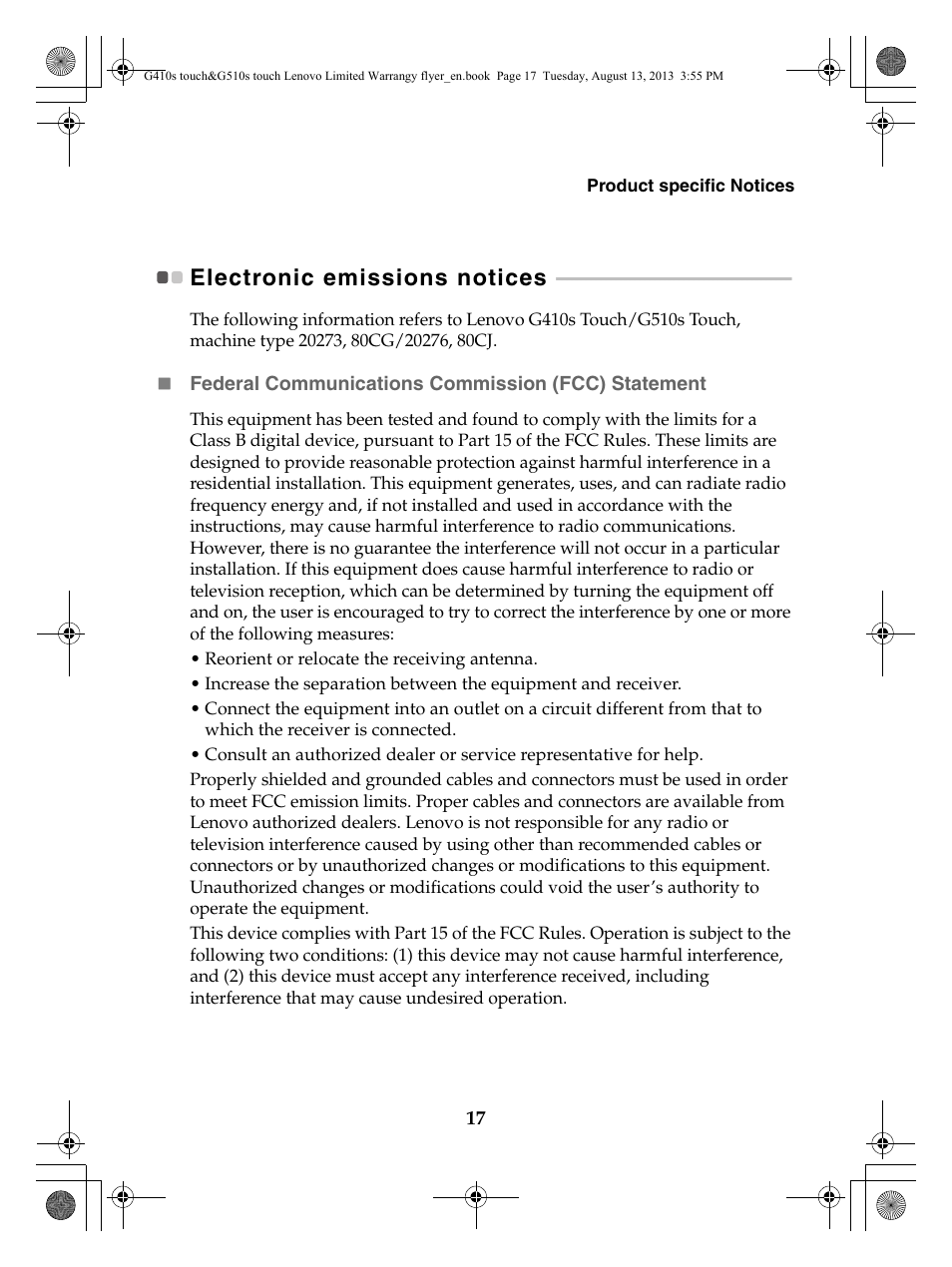 Electronic emissions notices | Lenovo G510s Touch Notebook User Manual | Page 17 / 24