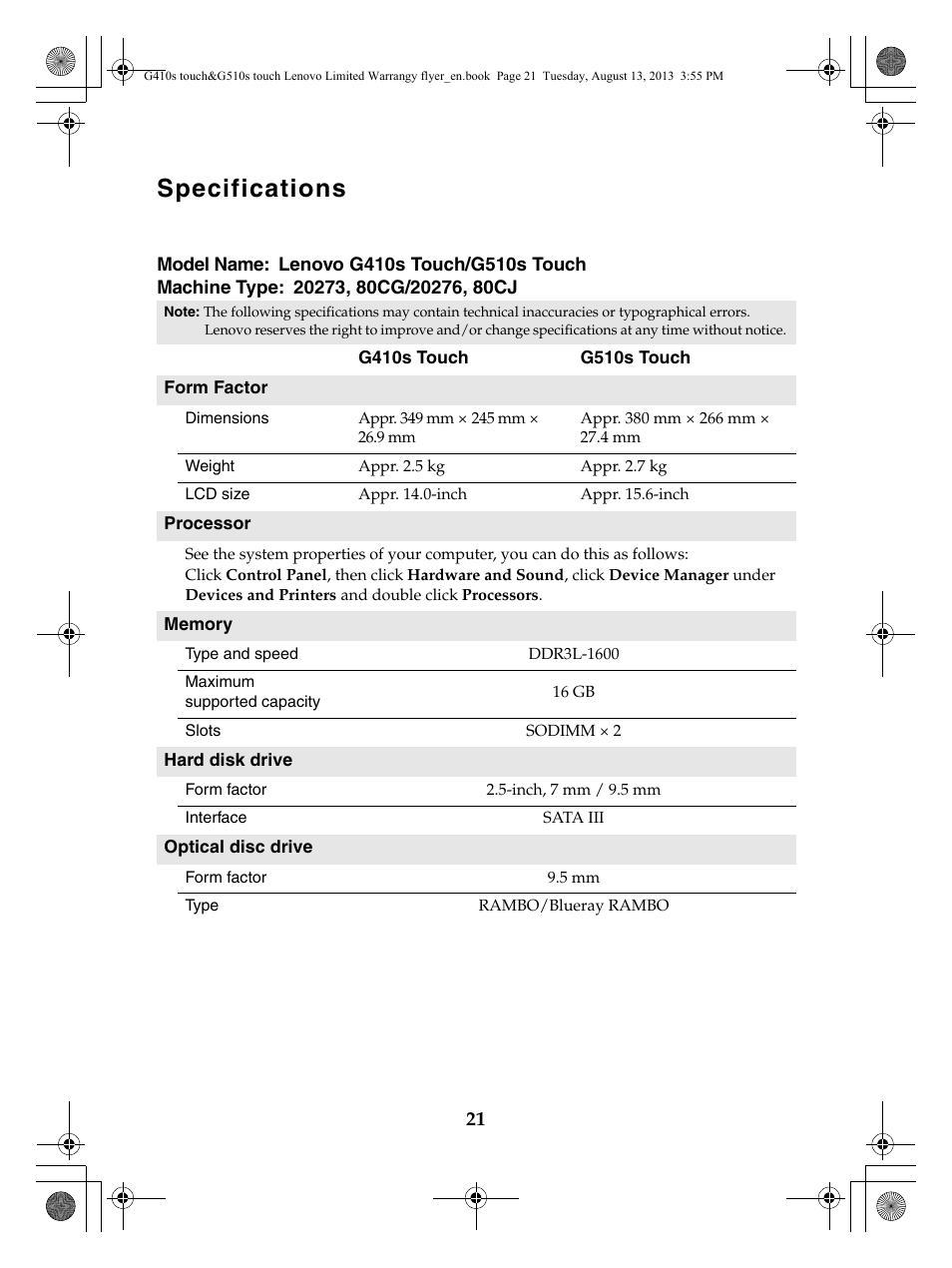 Specifications | Lenovo G510s Touch Notebook User Manual | Page 21 / 24