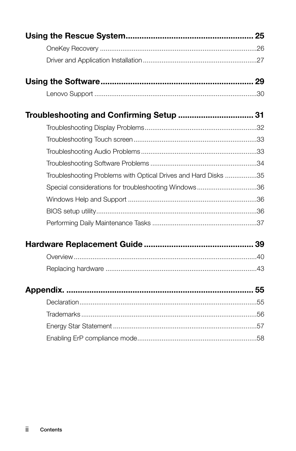 Using the rescue system, Using the software, Troubleshooting and confirming setup | Hardware replacement guide, Appendix | Lenovo IdeaCentre B350 All-in-One User Manual | Page 5 / 63