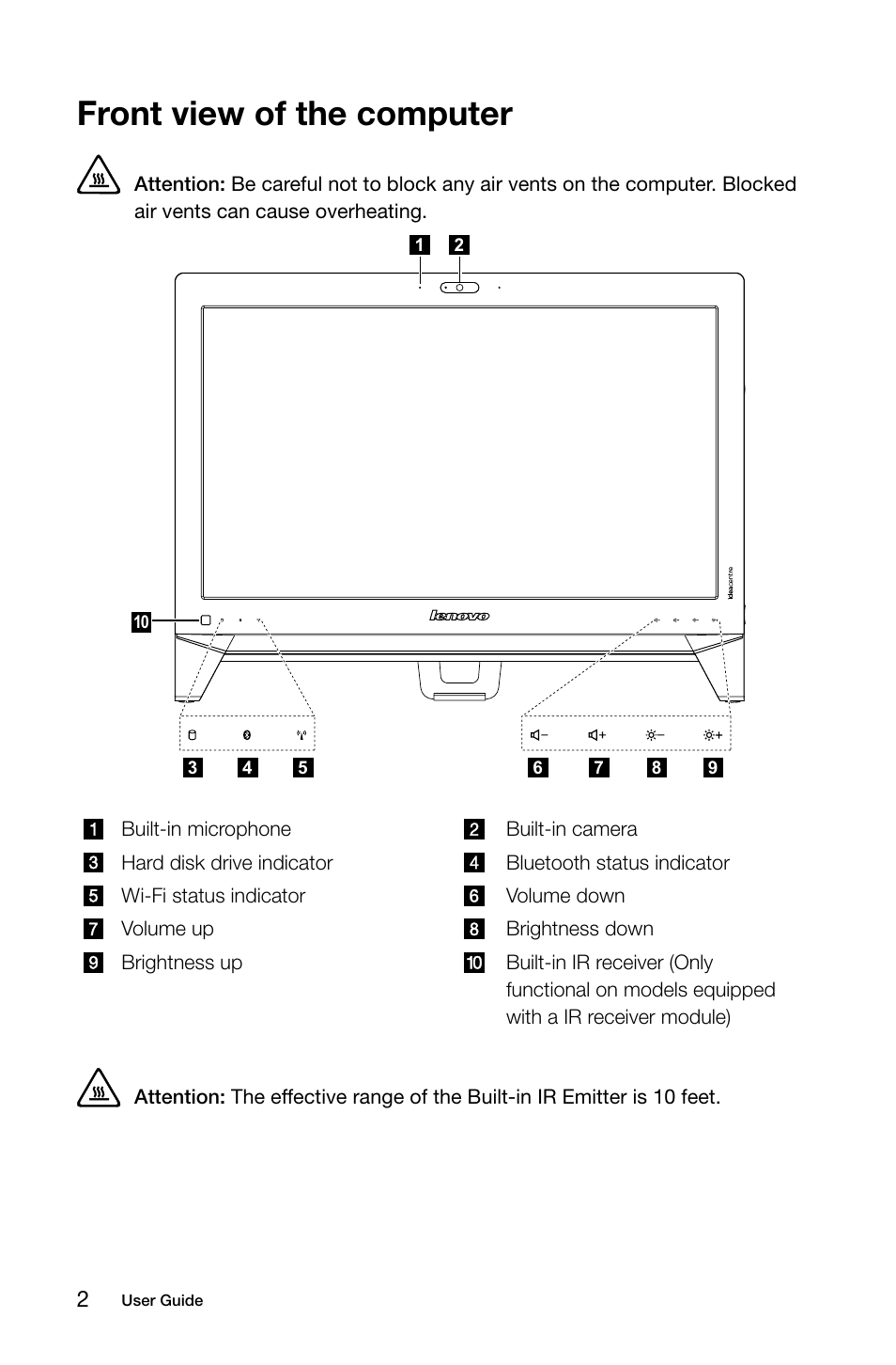 Front view of the computer | Lenovo IdeaCentre B350 All-in-One User Manual | Page 7 / 63