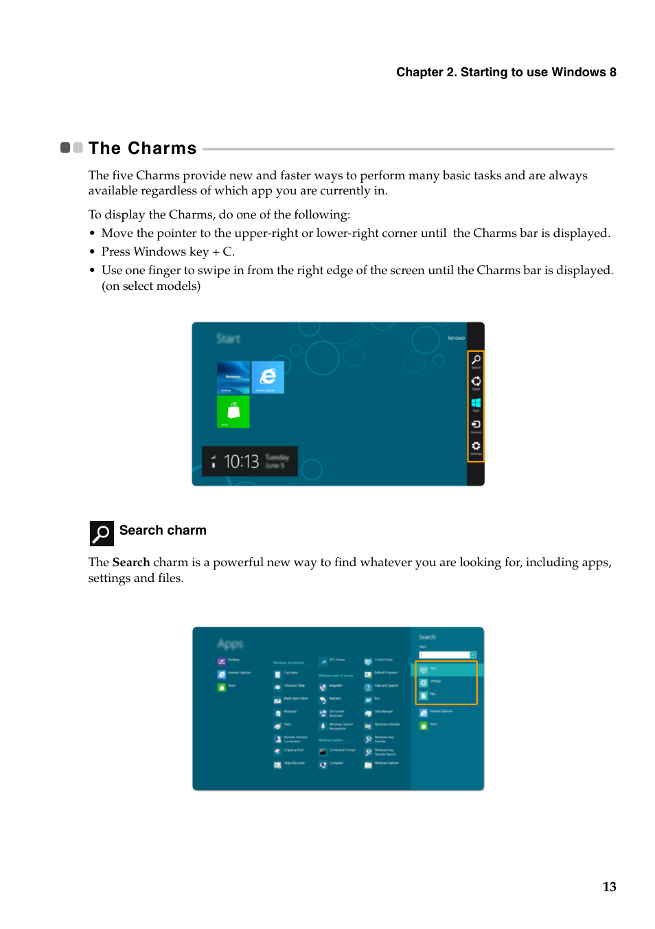 The charms | Lenovo IdeaPad Z400 Notebook User Manual | Page 17 / 35