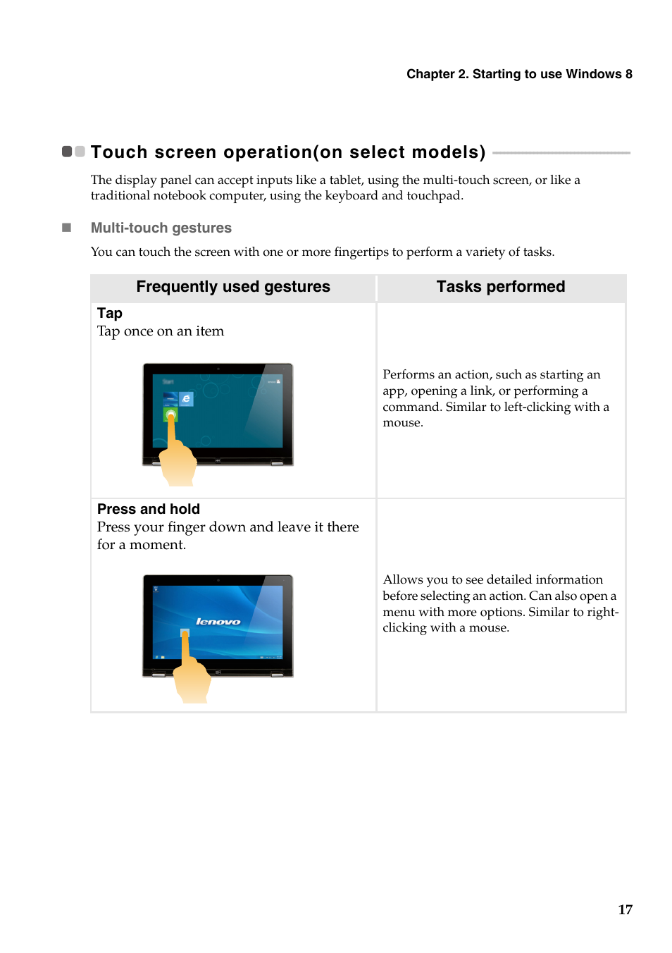 Touch screen operation(on select models) | Lenovo IdeaPad Z400 Notebook User Manual | Page 21 / 35