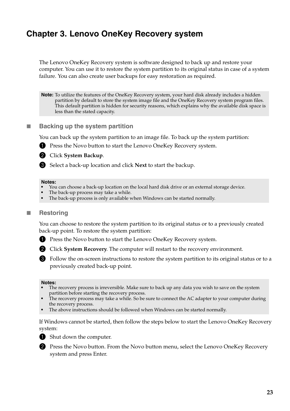 Chapter 3.lenovo onekey recovery system, Chapter 3. lenovo onekey recovery system, Chapter 3 | Lenovo onekey recovery system | Lenovo IdeaPad Z400 Notebook User Manual | Page 27 / 35