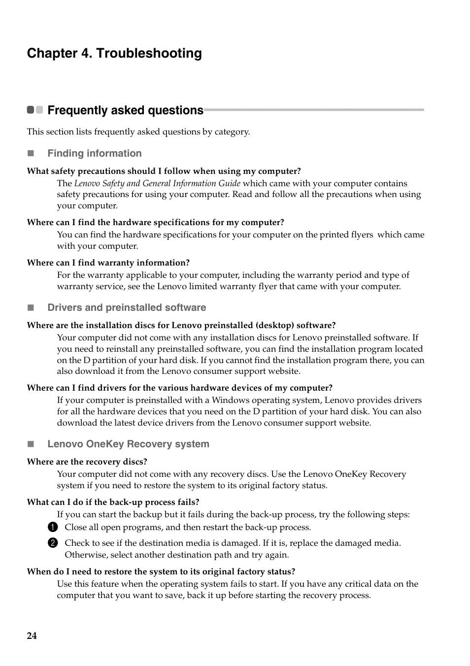 Chapter 4. troubleshooting, Frequently asked questions | Lenovo IdeaPad Z400 Notebook User Manual | Page 28 / 35